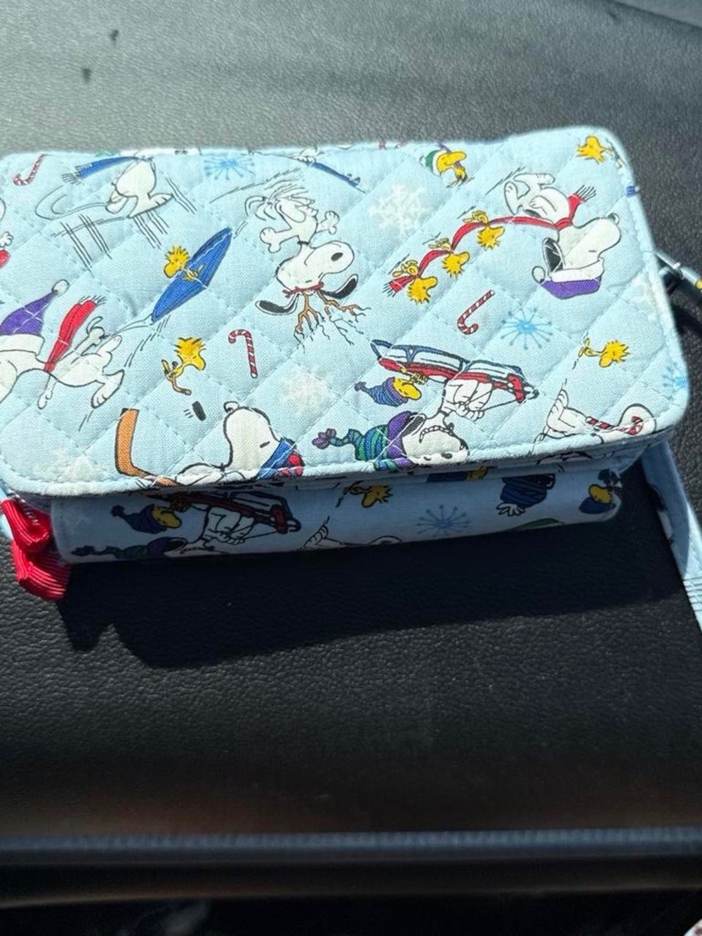 Vera Bradley Light Blue Snoopy & Woodstock Quilted Wristlet with Holiday Print